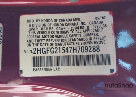 2007 Honda Civic Si z USA, uszkodzony, nr VIN 2HGFG21547H709288